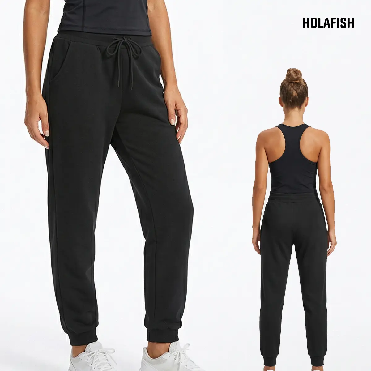 Holafish Solid Black Drawstring Jogger Pants, Casual Elastic Cuff Sweatpants With Pockets, Unisex Daily Sports Trousers, High-Waist Cotton Blend with Stretchy Fabric & Pockets for Lounge & Yoga, Breathable Joggers, Casual Loose Joggers