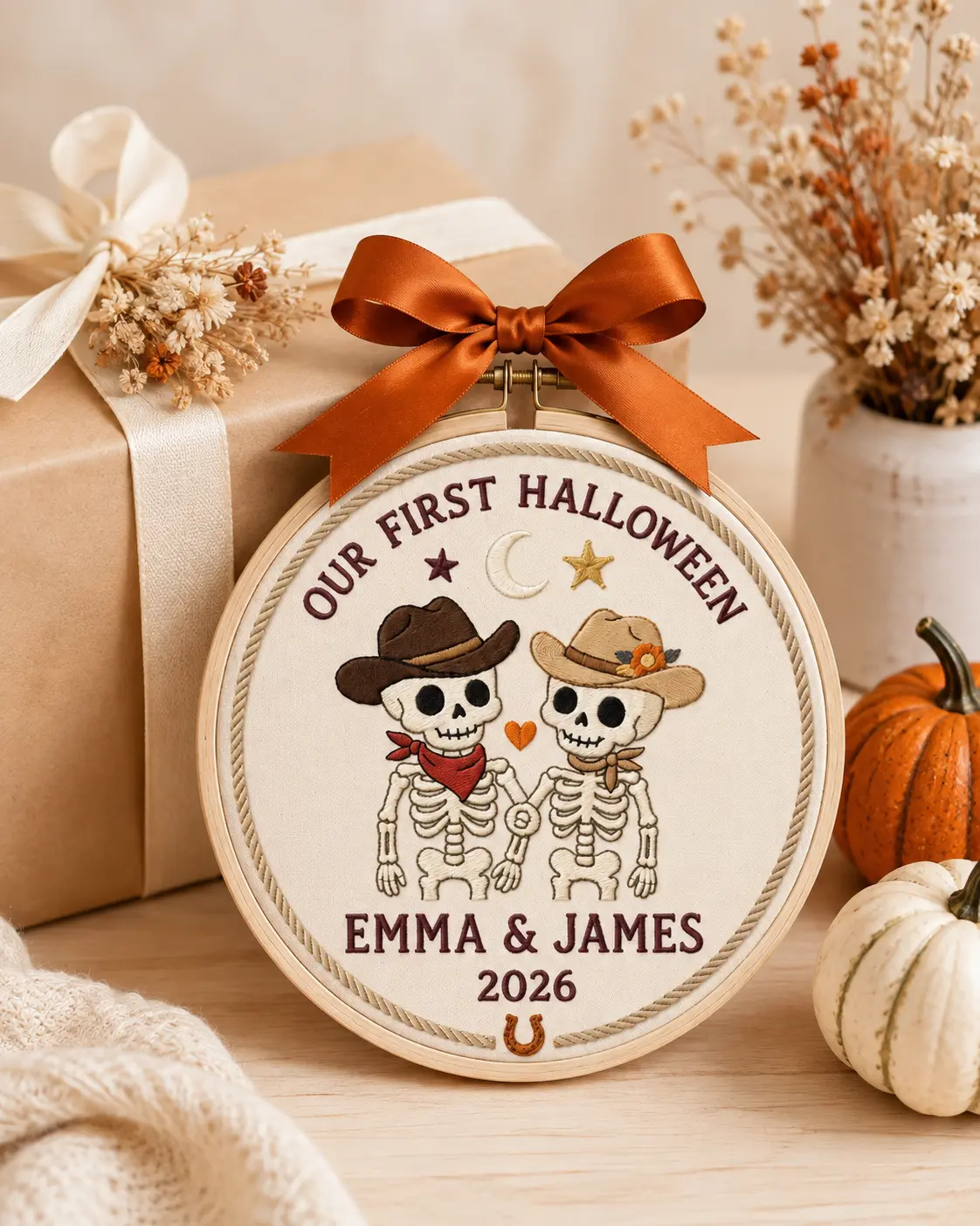 Personalized First Halloween Wall Decor, Custom Skeleton Couple Hanging Decoration, Western Halloween Keepsake, Custom Names & Year Gift