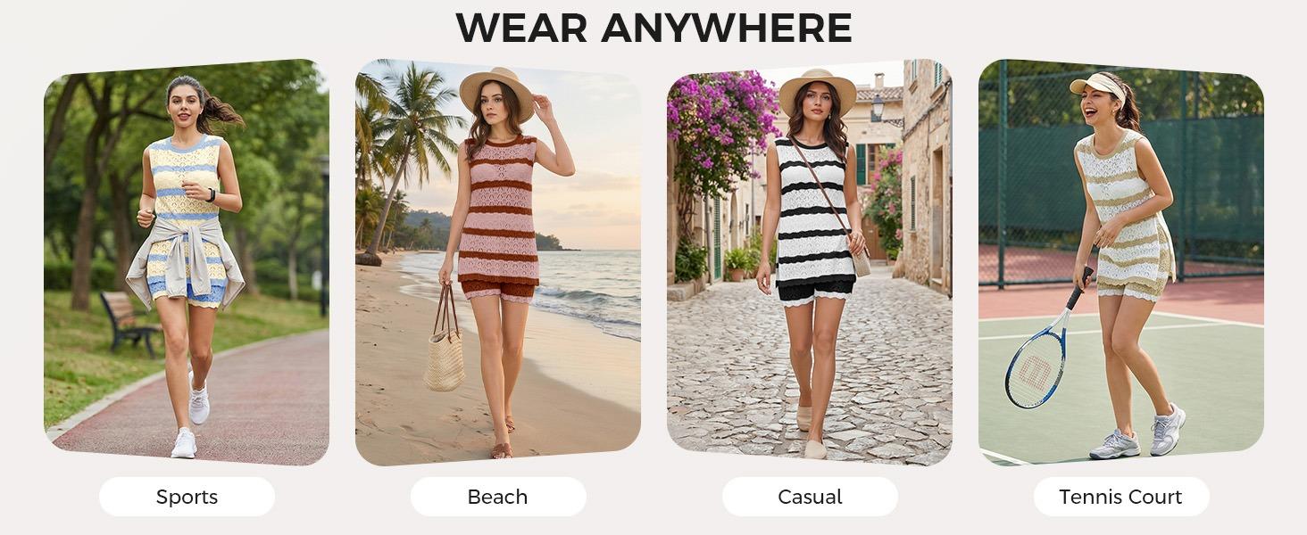 Fisoew Womens Striped Crochet Knit 2 Piece Set Sleeveless HollowOut Tank Top & Matching Shorts Breathable Beach Casual Outfit for Summer Vacation SpringStatements