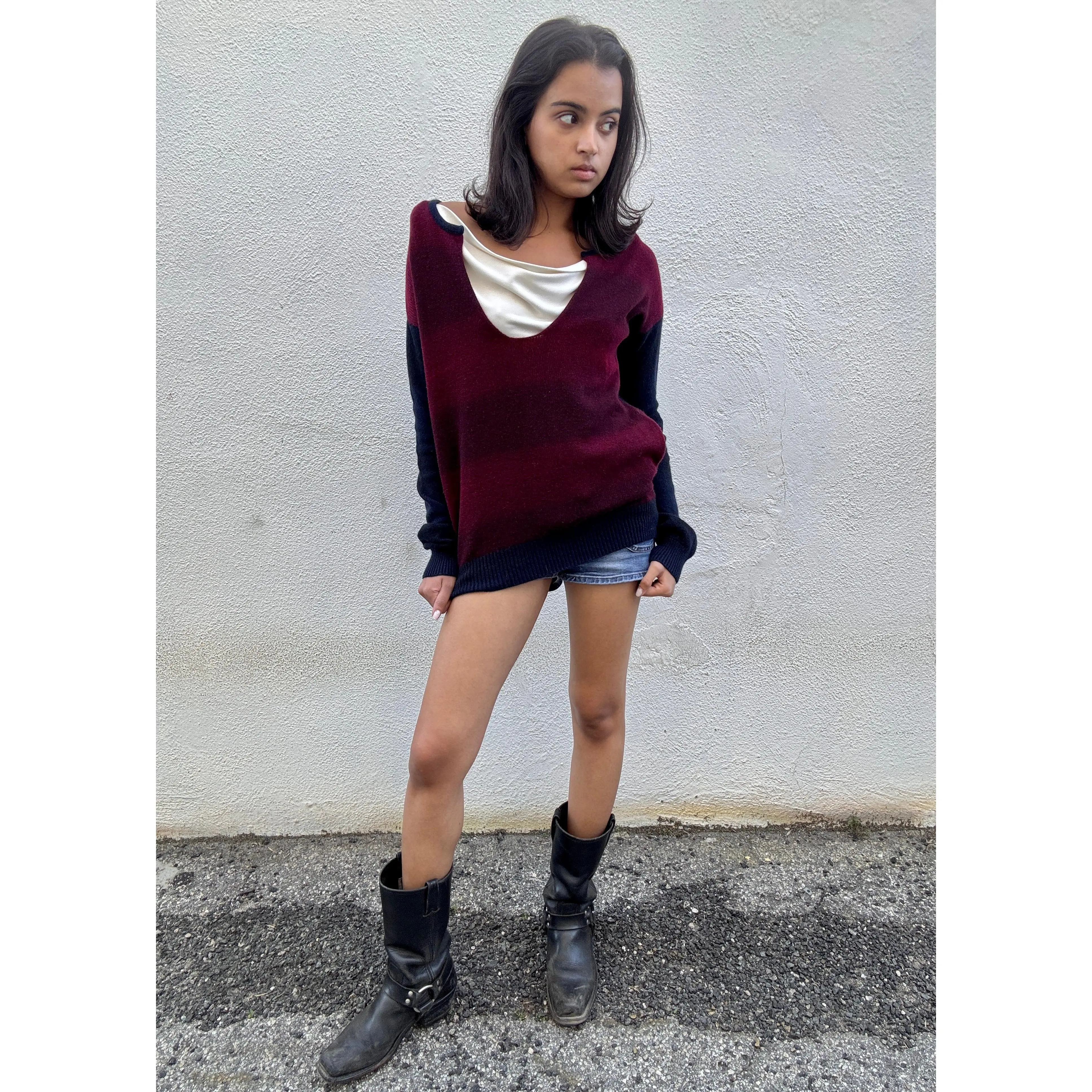 Raquel Allegra Maroon and Navy Shred Back Sweater
