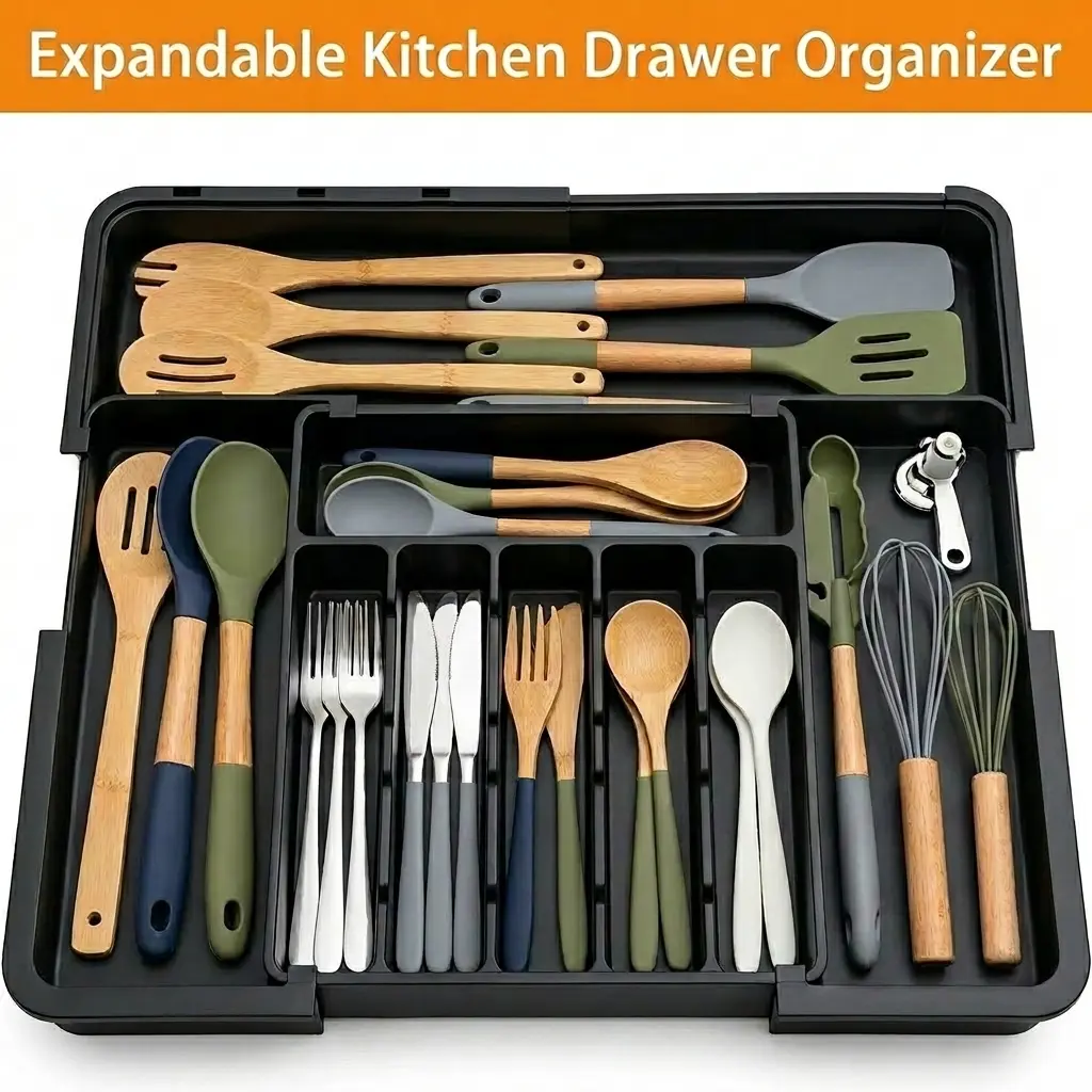 Kitchen Drawer Organizer Silverware Tray, Dual Expandable Width & Depth Cutlery Organizer, Large Capacity Utensil Holder with 8 Slots for Flatware, Fits Most Drawers 13"-22"W 14.5"-19"D, Black.