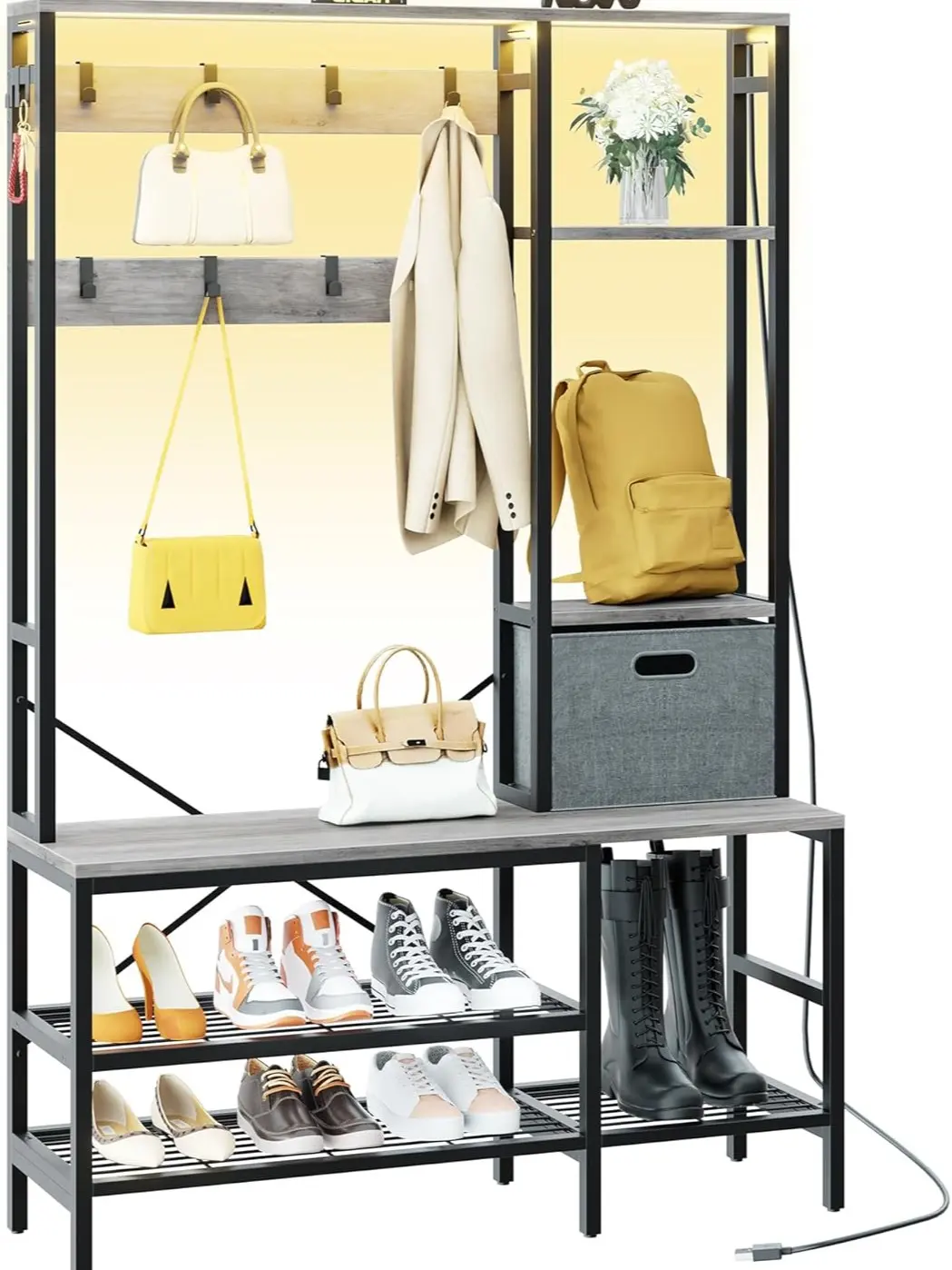 Hall Tree Modern Coat Rack with LED Lights, Bench Shoe Storage & Removable Coat Hooks - Versatile Design for Home Organization
