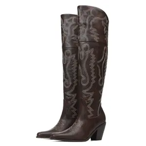 Women's Over the Knee Cowboy Boots Embroidery Cowgirl Boots Pointed Toe  Chunky Heel Side Zipper Boots Thigh High Western Boots Retro Country Vintage Fashion Tall Boots for fall