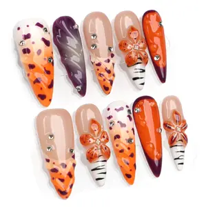 PG30 Romantic Orange – Medium Almond Press On Nails Set with Rhinestones Meticulously Handmade 10 PCs Solid Design 3D Gel Press On Nails acrylic sets | Reusable, Long-Lasting Salon-quality
