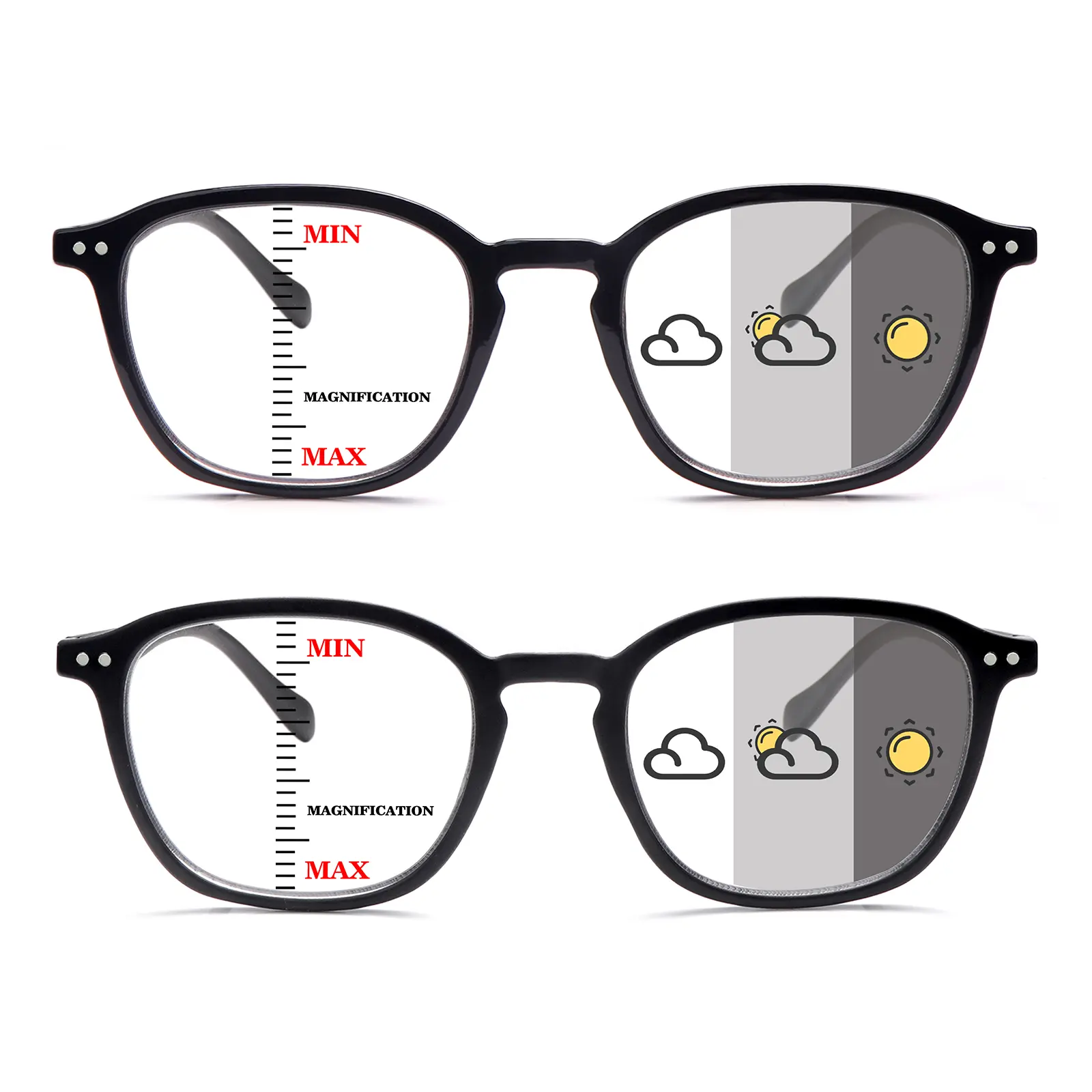 2 Pairs Of Photochromic Progressive Multifocal Reading Glasses Featuring a Spring Hinge Design, Suitable For Both Men And Women, With Durable Lenses.