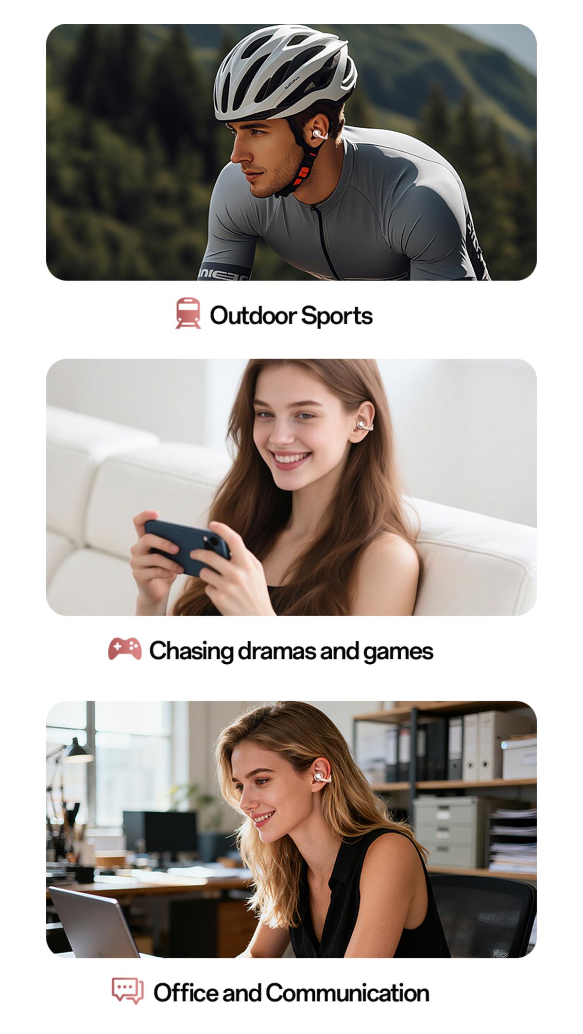 CHENRUIDA M106 Women's Headphones with Dynamic Stereo Earbuds ENC Call Noise Reduction IPX7 Waterproof 360° Panoramic Sound Ear Clip Earphones Comfortable Fit pink head phones