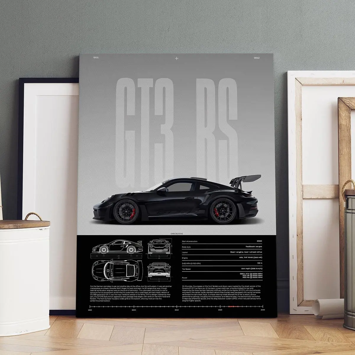 Solid Wood-Framed Resists Moisture Artwork - 1-Piece Durable Vehicle-Themed Car GT3 RS Wall Poster, Elegant Modern Home Decor for Living Room, Bedroom Gift (Home Supplies Posters & Prints)