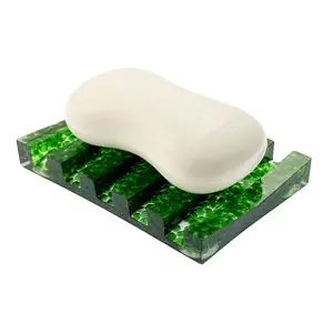 Green Crystal Double Draining Soap Rack,oap Dish Rectangular Self Draining Holder with Natural Green Bead Inclusions Handcrafted Bathroom Tray Modern Decor Accessory