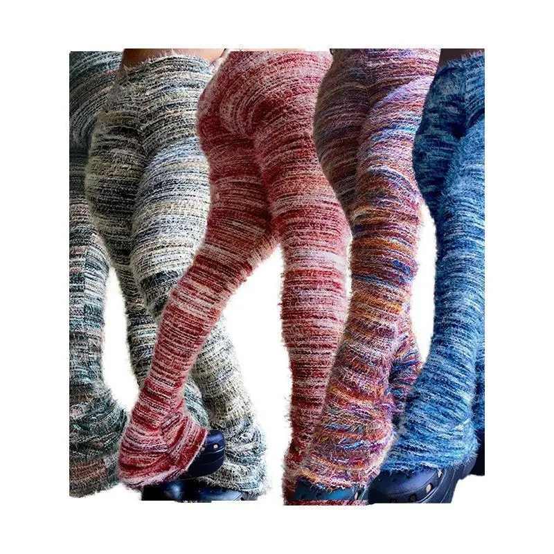 Women's Minimalist Striped Print Flare Leg Fuzzy Sweater Pants, Casual Wear, Fashion Street Style Comfort Knit Bell Bottom Trousers, Women's Basic Knitwear, Pants for Women, Clothes Women, Fall Outfits Christmas Blue Womenswear