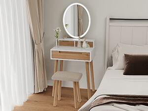 Small Makeup Vanity Desk with Lights, Compact Vanity Desk with Adjustable Brightness Mirror for Small Spaces, Dressing Table with Drawers and Storage Shelves IF041