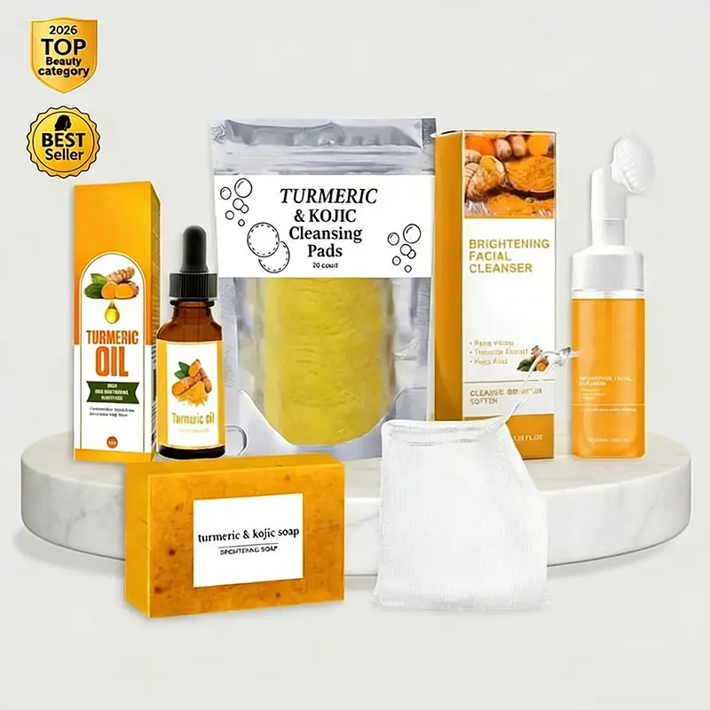Turmeric Skin Care Kit, 5 Counts/set Facial Cleansing Pads & Soap & Oil & Cleansing Mousse & Facial Cleanser & Lathering Net, Skin Care Kit for Women & Men, Turmeric Face Wash Valentine's Day gift Brightening Kit Glow