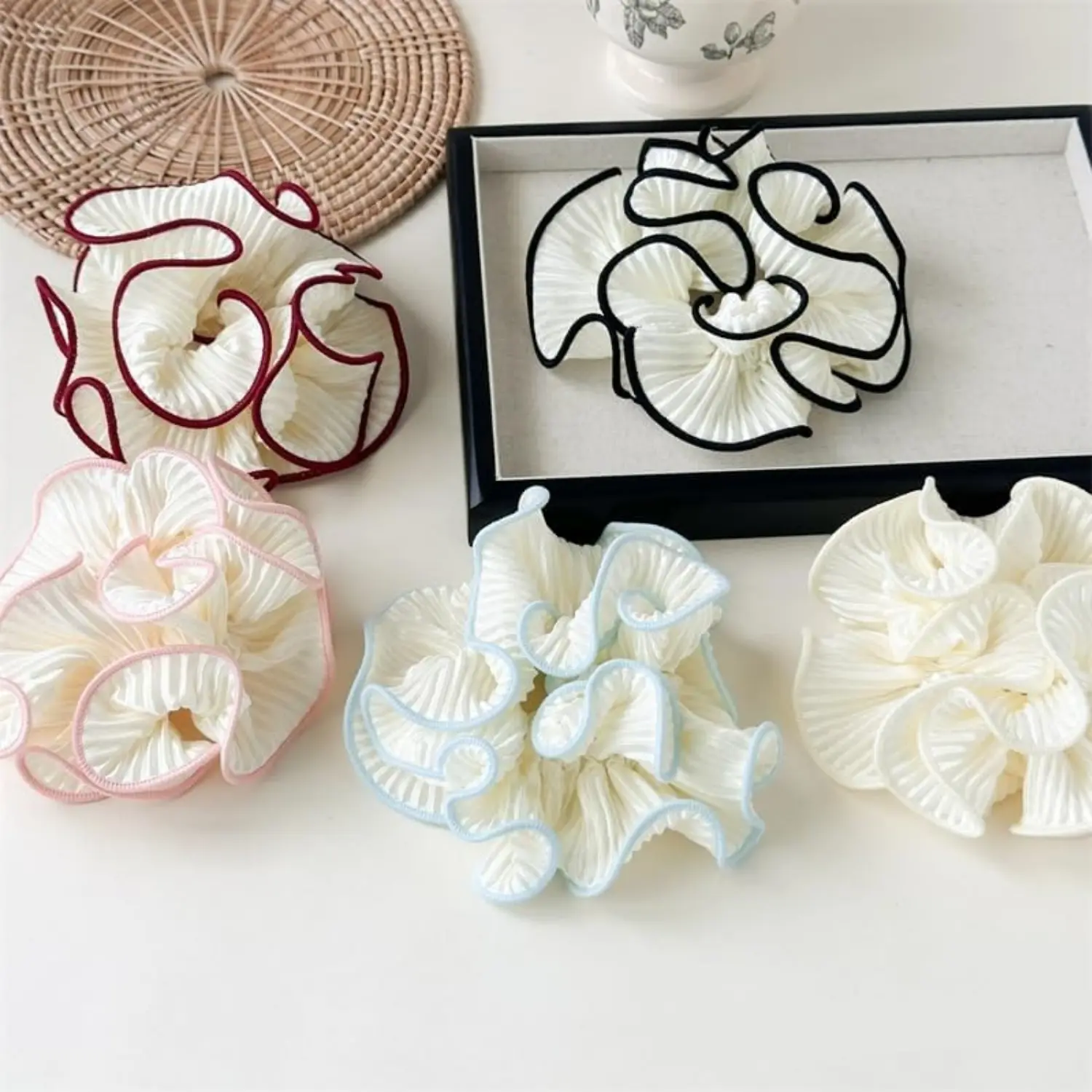 5Pcs Oversized Puffy Hair Scrunchies - 4.72in Double-Layer Pleated Ruffle Casual Soft Fabric Hair Ties, White with Colored Trim, for Ponytails Voluminous Hairstyles Wrist Accessories - Home Improvement Building Supplies Wallpaper & Wall Trim, Everyday