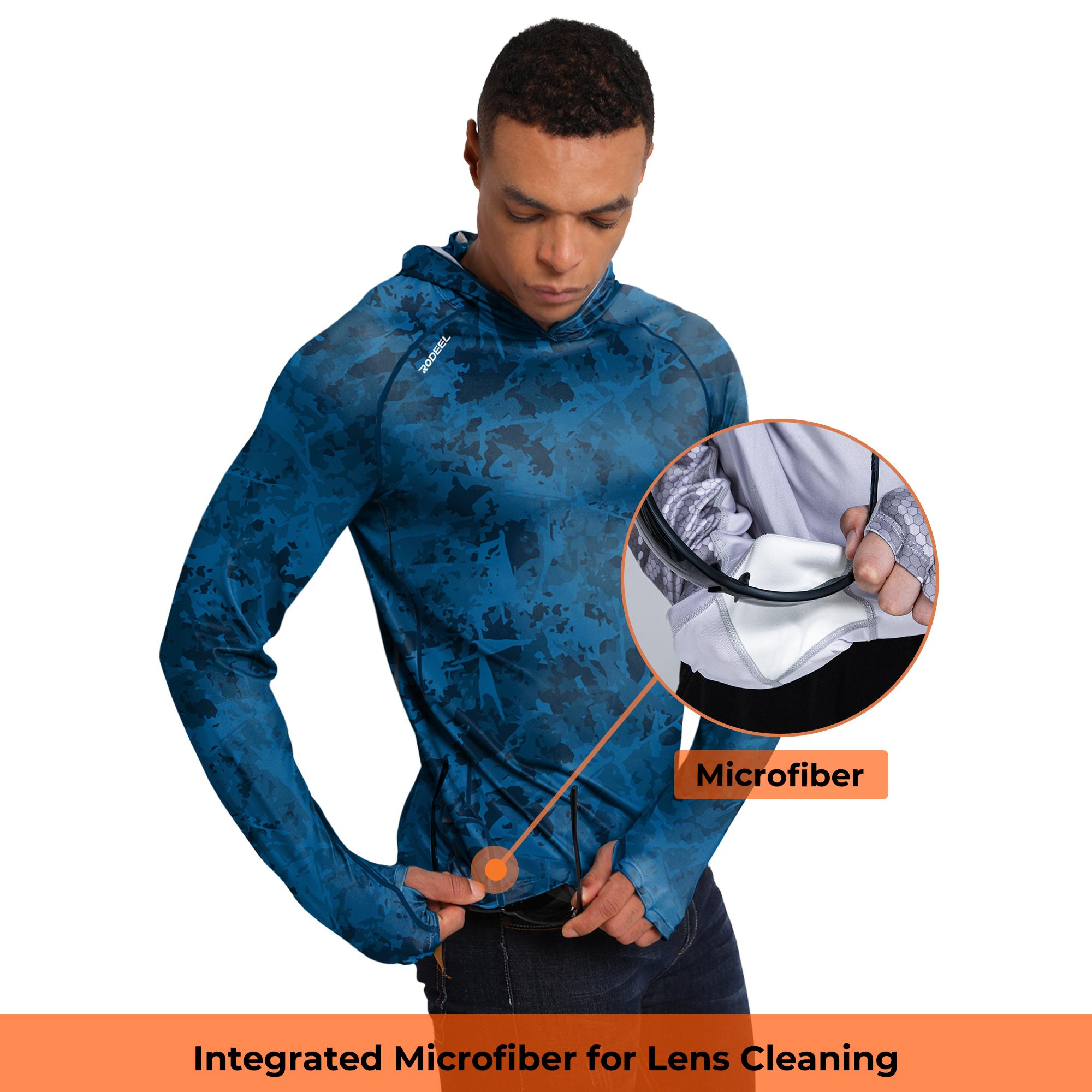 【RODEEL】934 Sun Hoodie Shirts w/ UV Detection Logo Mask Neck Gaiter Thumbhole Men UPF 100+ Sun Protection Long Sleeve Lightweight Quick Dry Moisture Wicking Breathable Cooling Athletic Activewear for Outdoor Sports Fishing Boating Construction Roofing