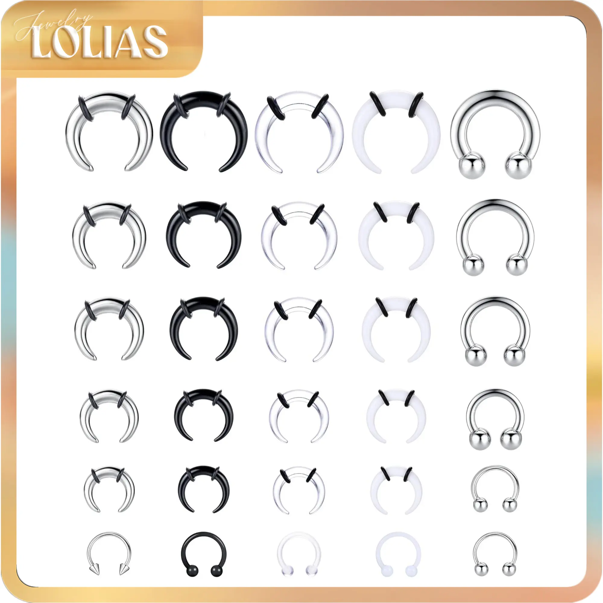 LOLIAS 16G-6G Piercing Kit - Acrylic, Stainless Steel Internally Threaded Spike, Horseshoe Barbells, Septum Pincher Tapers Rings for Nose, Ear Cartilage - Body Piercing Jewelry, Septum Pierced Ring, Nose Piercings Kit for Adults, 6G Septum
