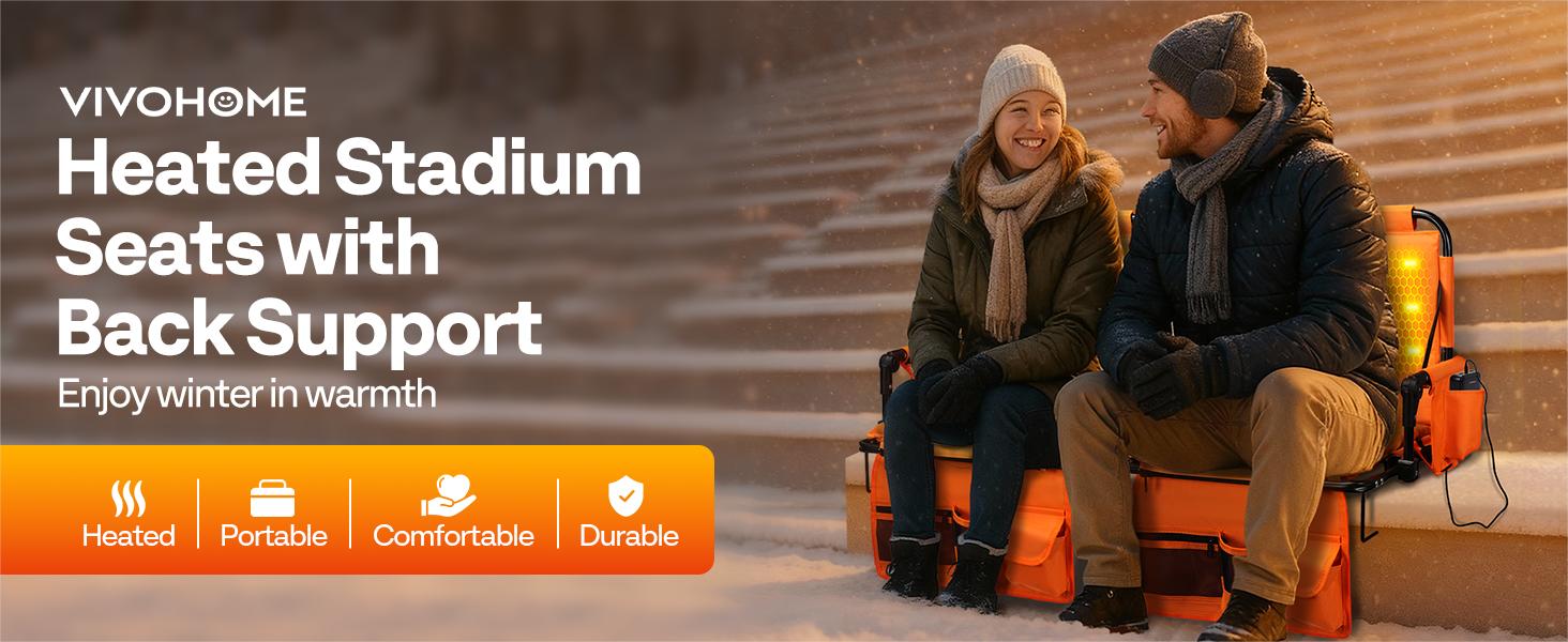 VIVOHOME 35W Padded Heating Stadium Seats, 2 Pack Heated Bleacher Chairs with Back Support, 3 Levels of Heat, Comfortable for Various Sports Events