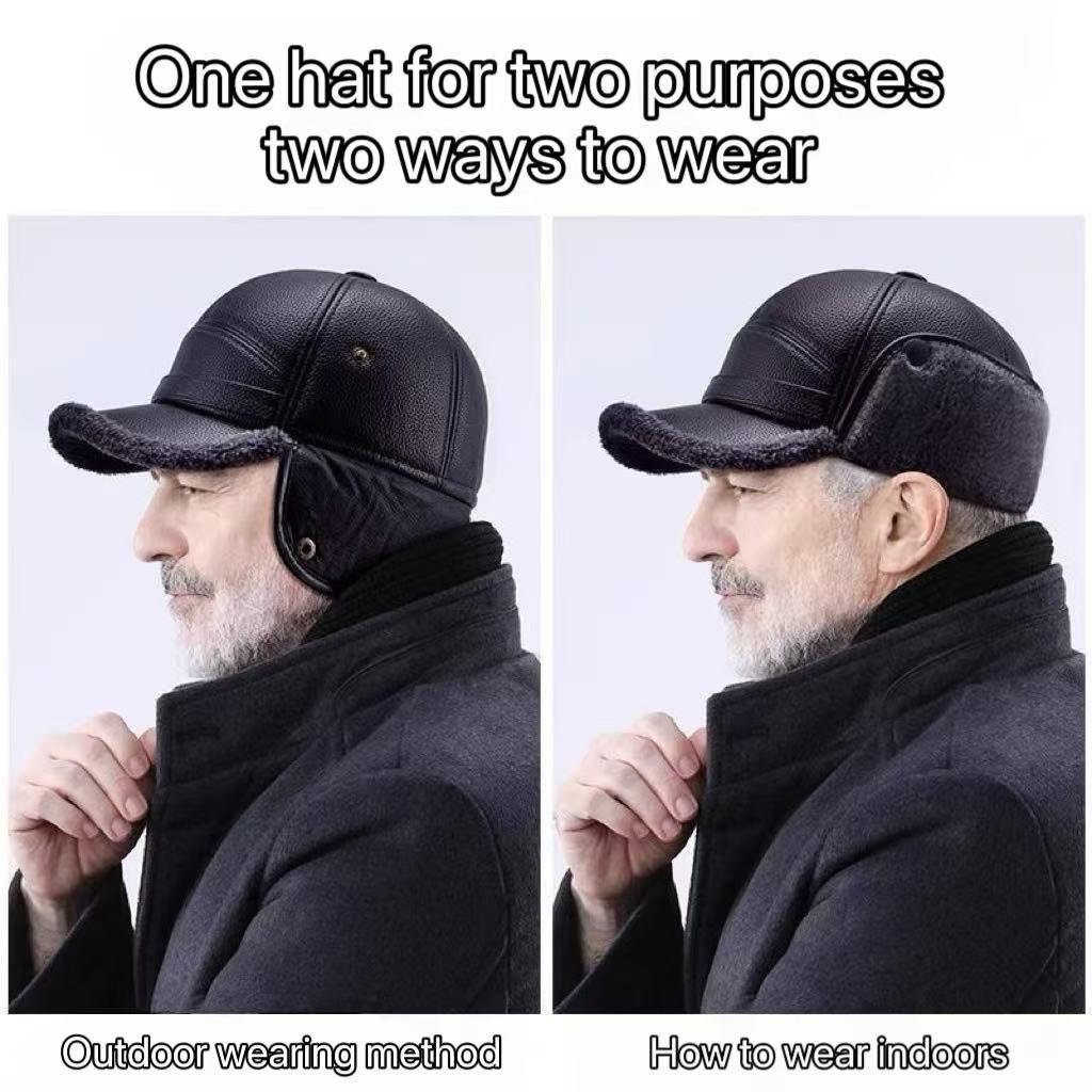 Men's Winter Cap With Plush Earmuffs Faux Leather Earflap Duckbill Hat For Elderly Windproof Waterproof Warm Cold Weather Headwear One Size Fits Most