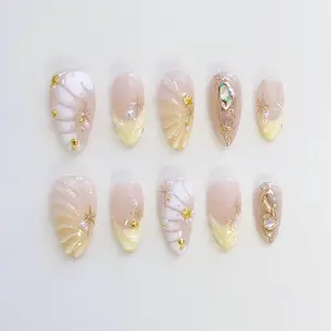 Fairycorn Almond Press On Nails, Yellow 3D Flower Nails