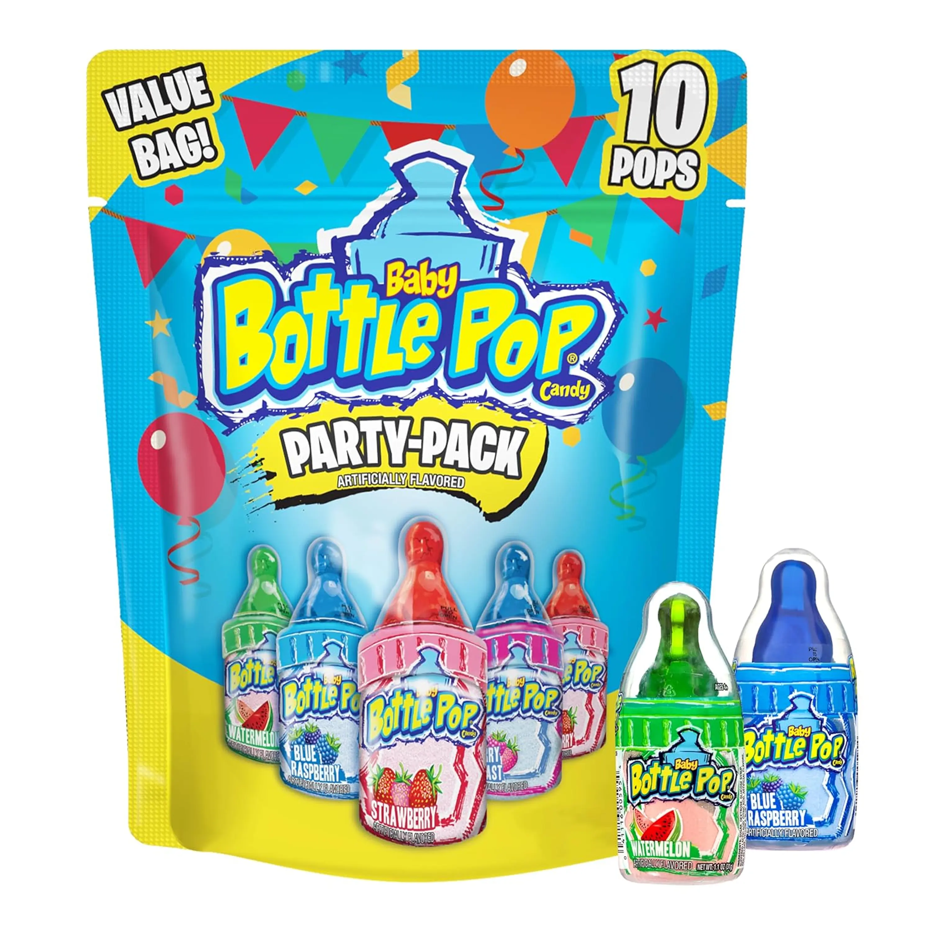 Baby Bottle Pop Artificial Sugar-Based Candy Lollipops - Assorted Flavors Snack, Strawberry & Watermelon Varieties, Sweet, 10 Ct