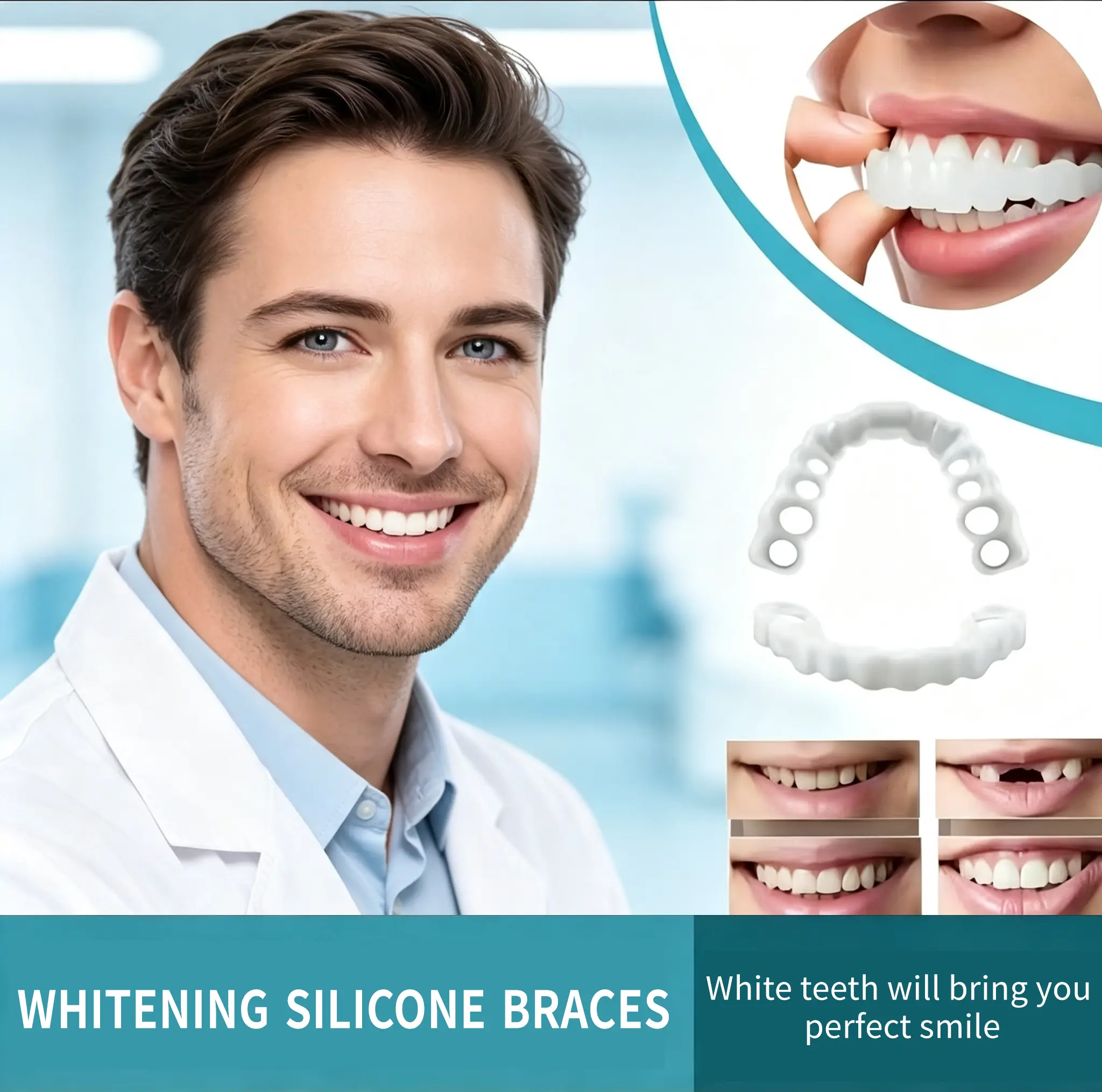 Silicone Snap-On Smile Fake Teeth Set (2-Pair), Oral Instant Veneers, Cosmetic Whitening Tooth Covers, Clip-In Top & Bottom Dentures for Daily Radiant Smile confident Dental stain