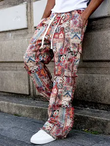 Men’s Ethnic Vintage Patchwork Jacquard Drawstring Pants — Bohemian Ruffle Straight-Leg Style, New for Spring/Summer 2026
