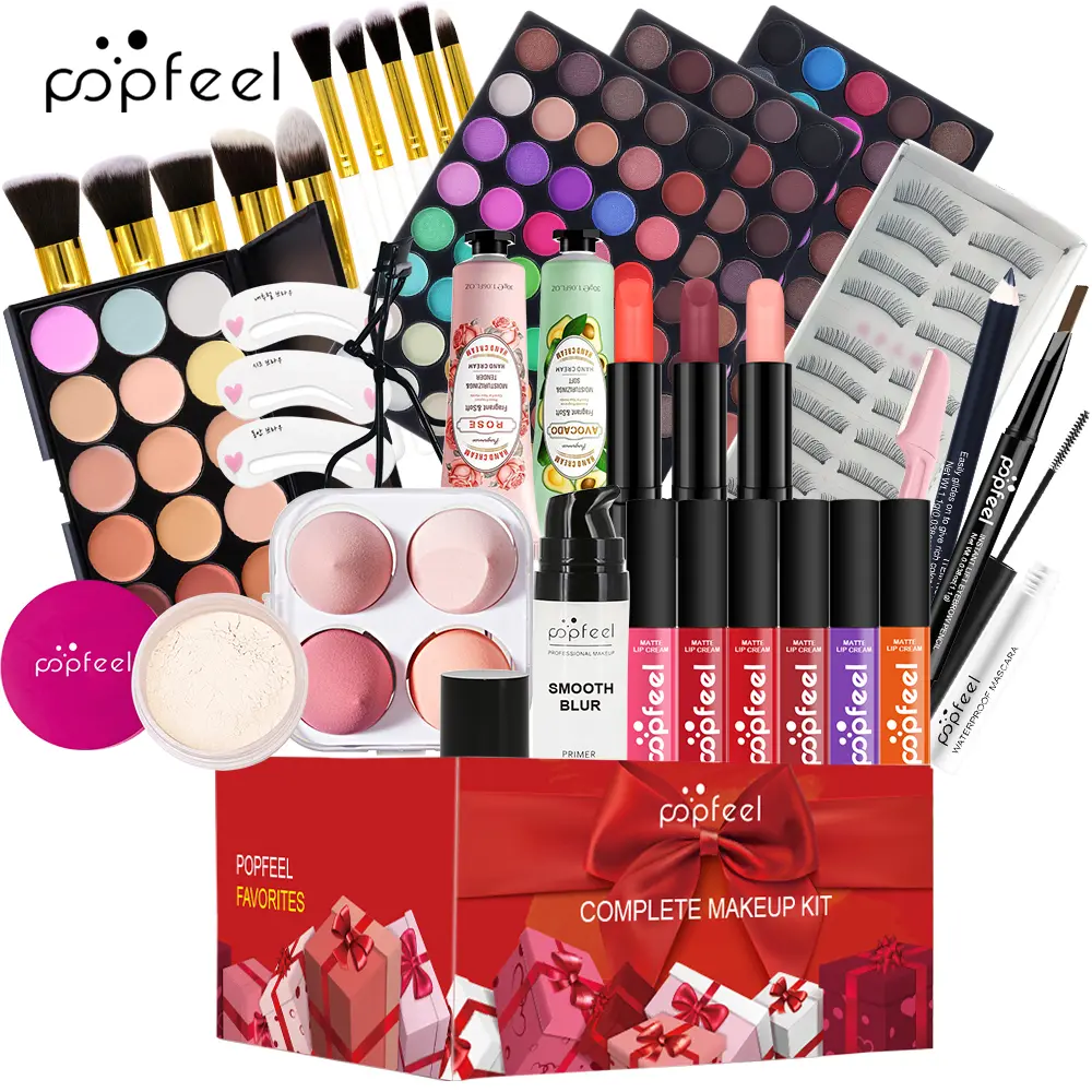 Popfeel Flawless Smooth Multi-Pack Cosmetic Gift-Ready Makeup Set - Includes Eyeshadow Palette, Mascara, Setting Powder, Lipstick, Foundation & Tools - Youth-Focused Present for Valentine's Day, Mother's Day