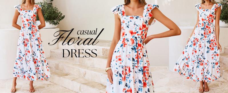 ZESICA Women's Summer Boho Floral Midi Dress 2026 Casual Ruffle Cap Sleeve Beach Wedding Guest Flowy Tiered Long Dresses