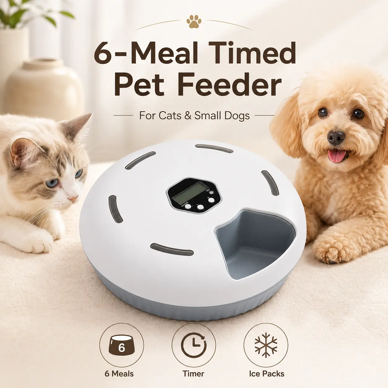 6-Meal Timed Automatic Cat Feeder - ABS Indoor Detachable Rotating Wet & Dry Food Dispenser with Cooling Ice Packs, AA Batteries Powered for Kittens, Small Dogs, White