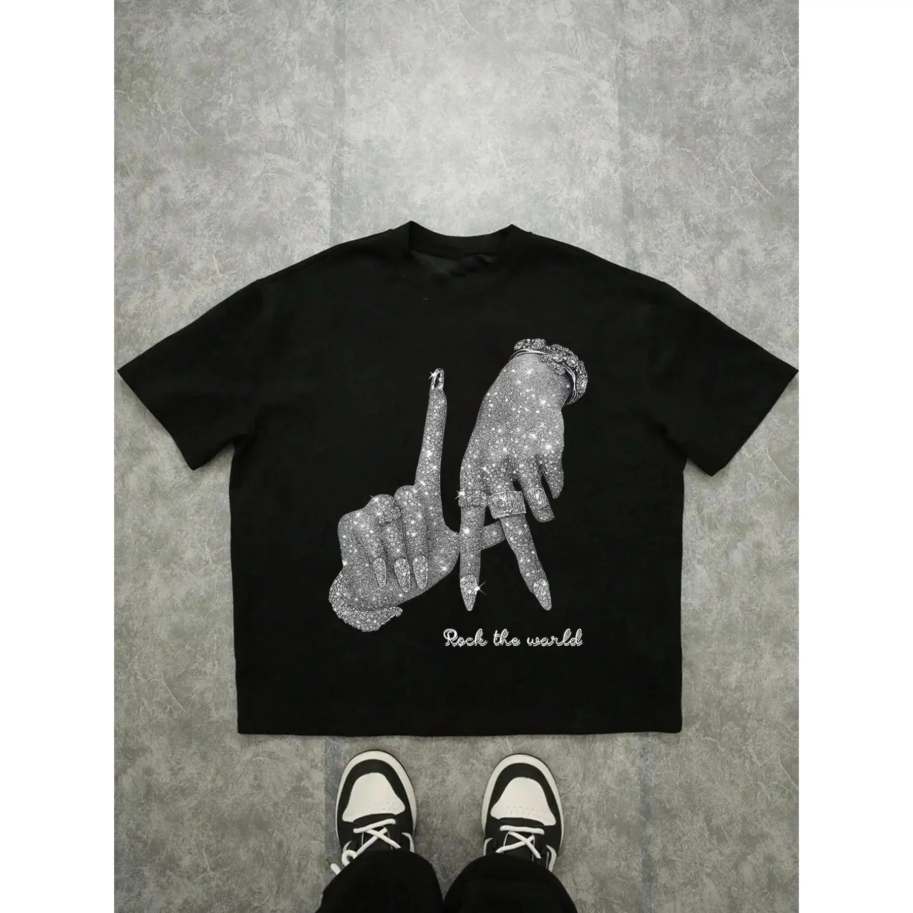 Men's Rock The World gesture graphic T-shirt, shiny rhinestone print hip-hop T-shirt, oversized casual streetwear top, summer casual fashion top, loose fit cropped T-shirt, street trend, subculture style, holiday gift, same style for men and women