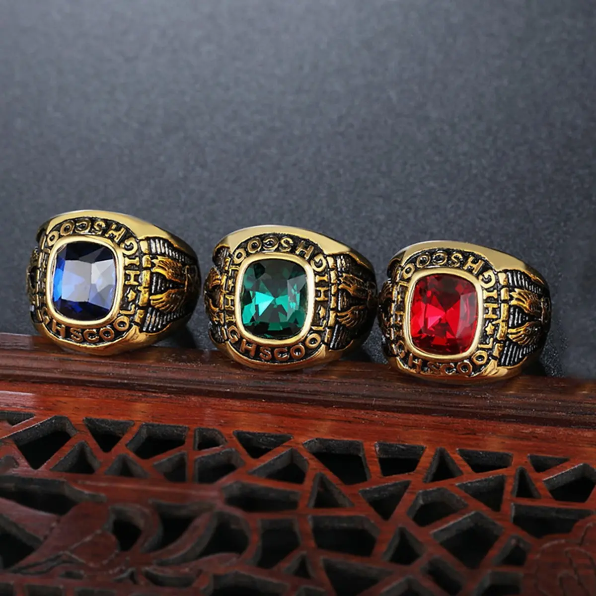 Men's 3-Stone Ring - Retro Thanksgiving, Hip-hop Luxury Style, Double Eagle Geometric Design, Triple-Sided CZ Stainless Steel Costume Jewelry, Three Stone Ring