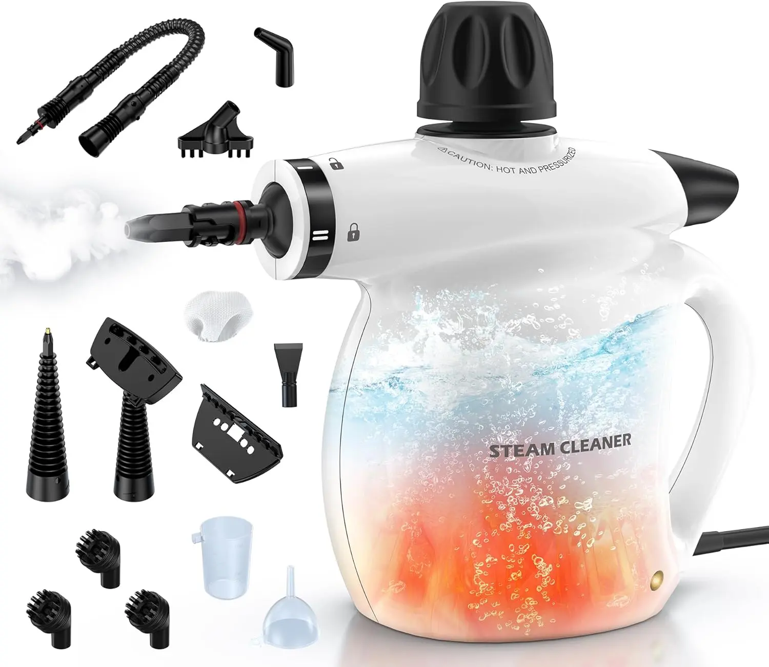 Pressurized Handheld Steam Cleaner 13 Pcs Multi Purpose Natural Deep Cleaning Steamer Portable High Temp Cleaner for Home Tile Grout Kitchen Bathroom Window Upholstery Clothes Fabric Couch Auto Car Detailing White