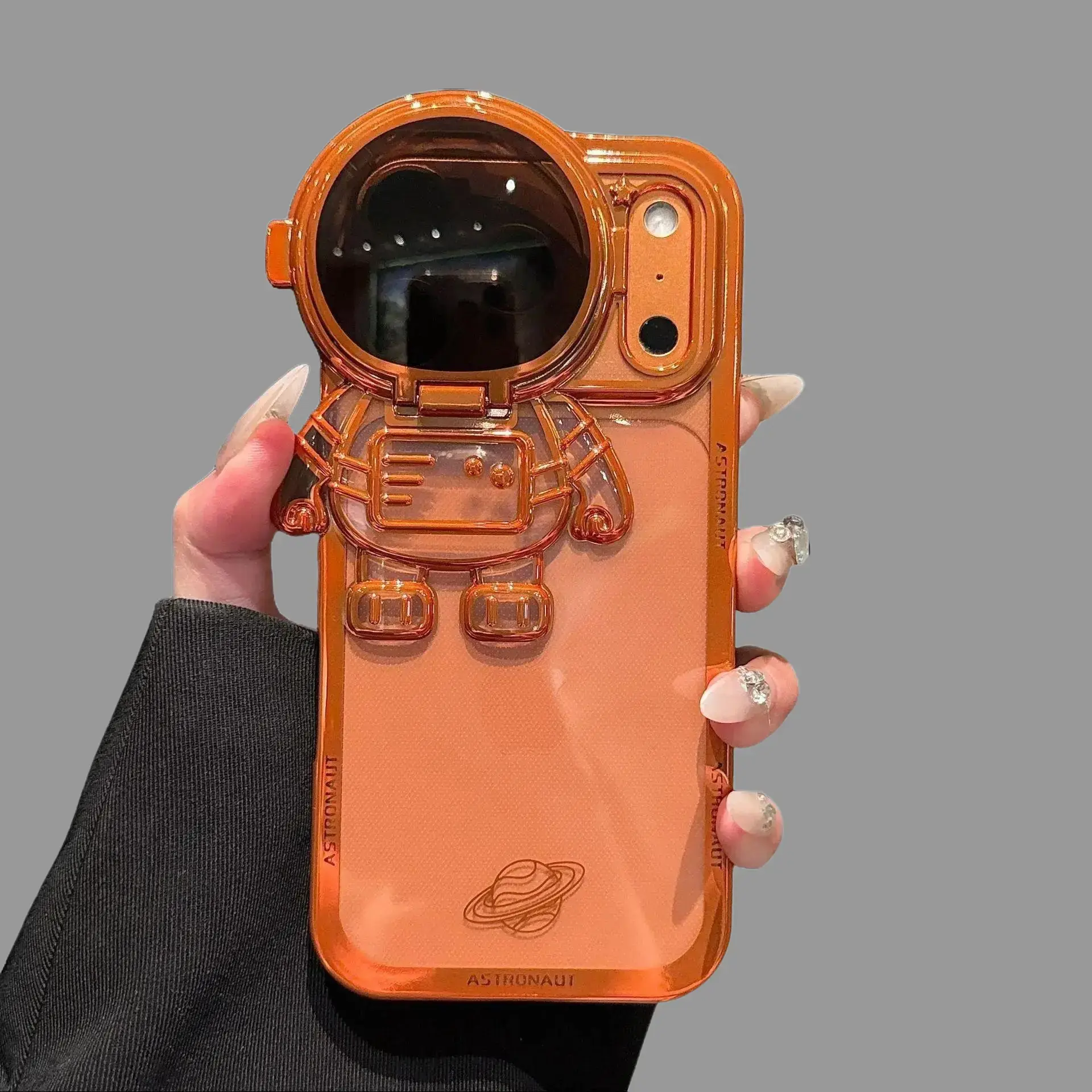 KusenCase Astronaut Design Transparent Silicon Smartphone Case - Multi-Model Accessory with 3D Fun Stand View, Starlight Orange, Shockproof, Manufacturer Warranty for IP17 Pro Max, IP16, IP15, IP14, IP13 Pro Max, Cellphone