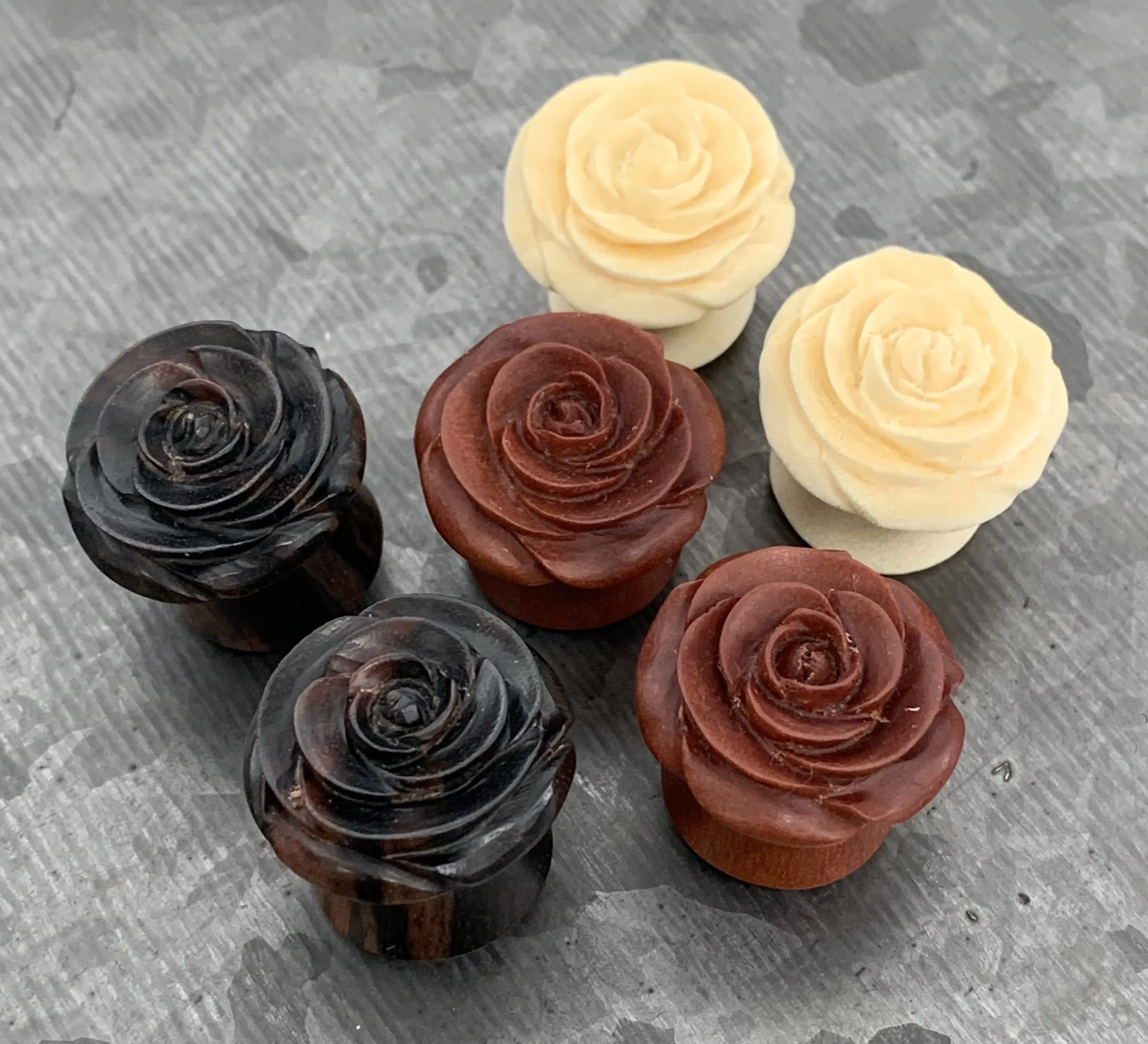 PAIR of Stunning Blooming Rose Flower Organic Wood Plugs/Tunnels - Gauges 2g (6mm) up to 1" (25mm)