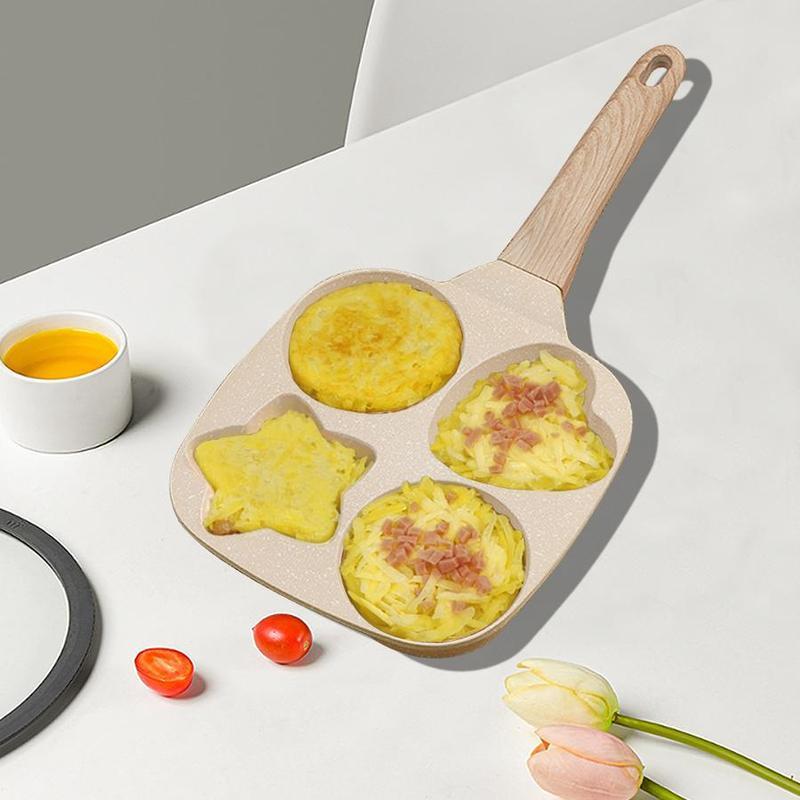 Multifunctional Non-stick Egg Frying Pan–4 Holes Skillet with Wooden Handle,Medical Stone Omelette Maker for Pancakes,Burgers,Breakfast&Quick Cooking at HomeNon-stick Beige Cookware-kitchen supplies-Easter St. Patrick’s Day Holiday Gifts Compact