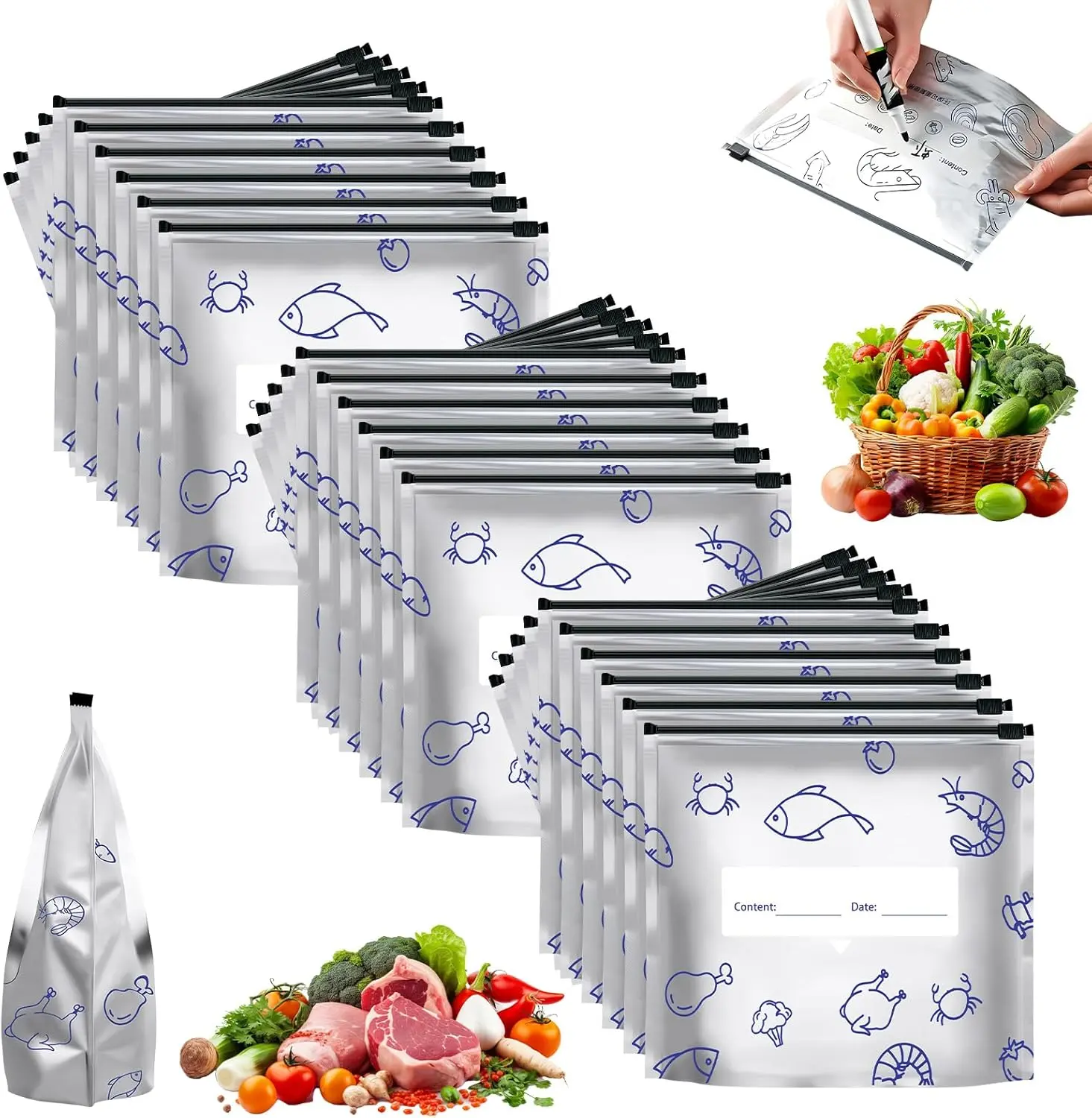 30Pcs Medium Degradable Reusable Airtight Aluminium Foil Food Storage Containers - 2026 New Collapsible Leakproof Tearproof Dustproof Resealable Vacuum Zipper Stand-Up Pouches with Label, Expanded Bottom Zip Lock for Kitchen Organization, Preserves Taste