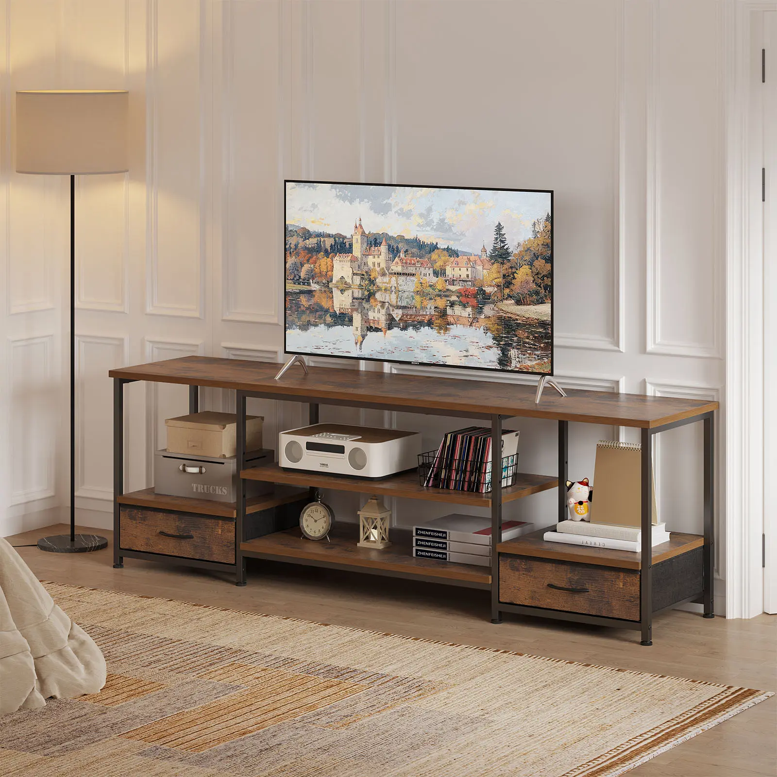TV Stand with Built in Power Outlet, Entertainment Center with Fabric Drawers for Living Room Bedroom 55 to 75 Inch TV