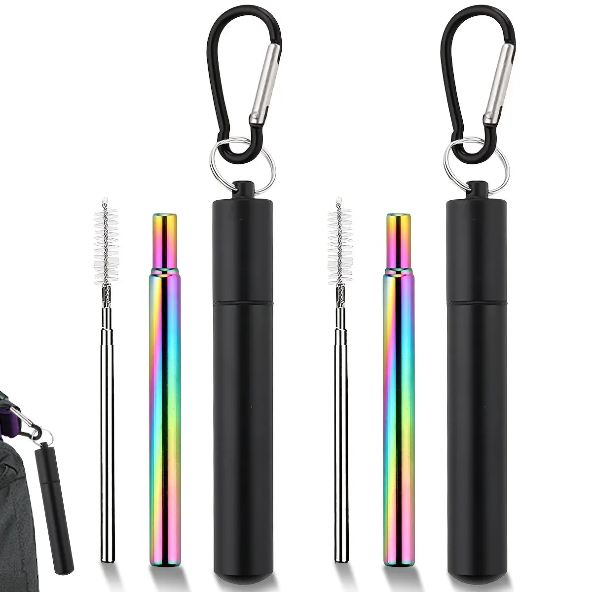 2pc Stainless Steel Drinking Straws, 3-In-1 Reusable Telescopic Straw Set, Includes Aluminum Case & Cleaning Brush, Portable, Convenient, Perfect for Travel & Cruises
