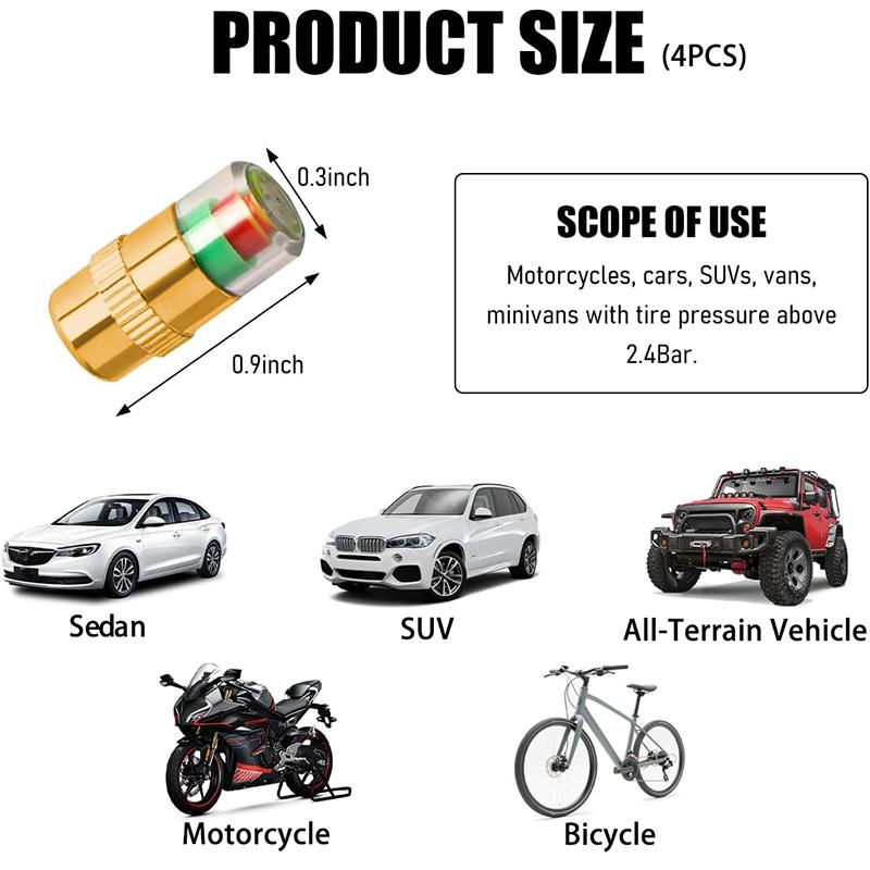 [Free!!ship] BMTWE Car Auto Tire Pressure Monitor Valve 4 PCS Tire PressureMonitor Valve Stem Cap with 3-Color Indicator Lights for Car Bicycle Motorcycle Truck Van