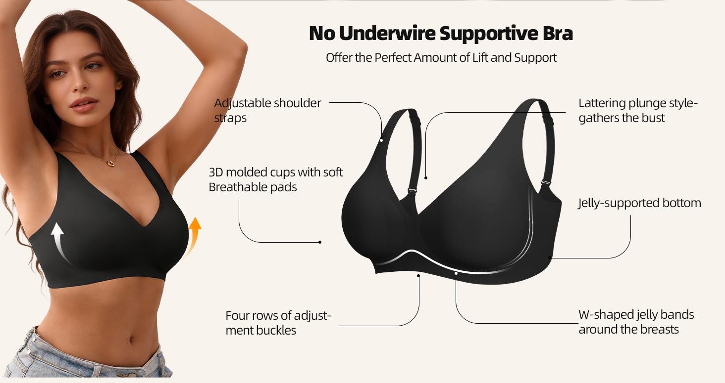 Women's Black jelly bras No Underwire T-Shirt bra Seamless Comfortable Soft Wireless Basic Bridal One Piece Minimalist Everyday Wear with Adjustable Straps Vneck Breathable push up bra Low V Neck