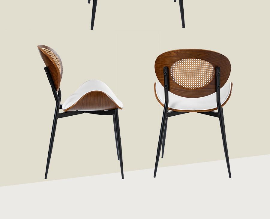 HULALA HOME Flora Modern Dining Chair with Curved Wood Backrest and Faux Leather Cushion, Rattan Woven Accent and Breathable Mesh Back, Ergonomic Wrap-Around Comfort, Upholstered Side Chair for Dining Room, Kitchen, Living Room