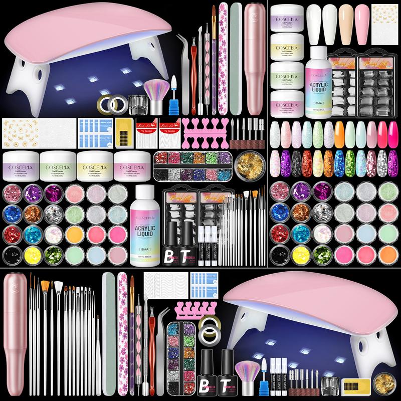 COSCELIA Acrylic Nail Kit for Beginners | Nude Acrylic Powder, UV Gel Polish & Glitter Decorations | Complete Gift for Women
