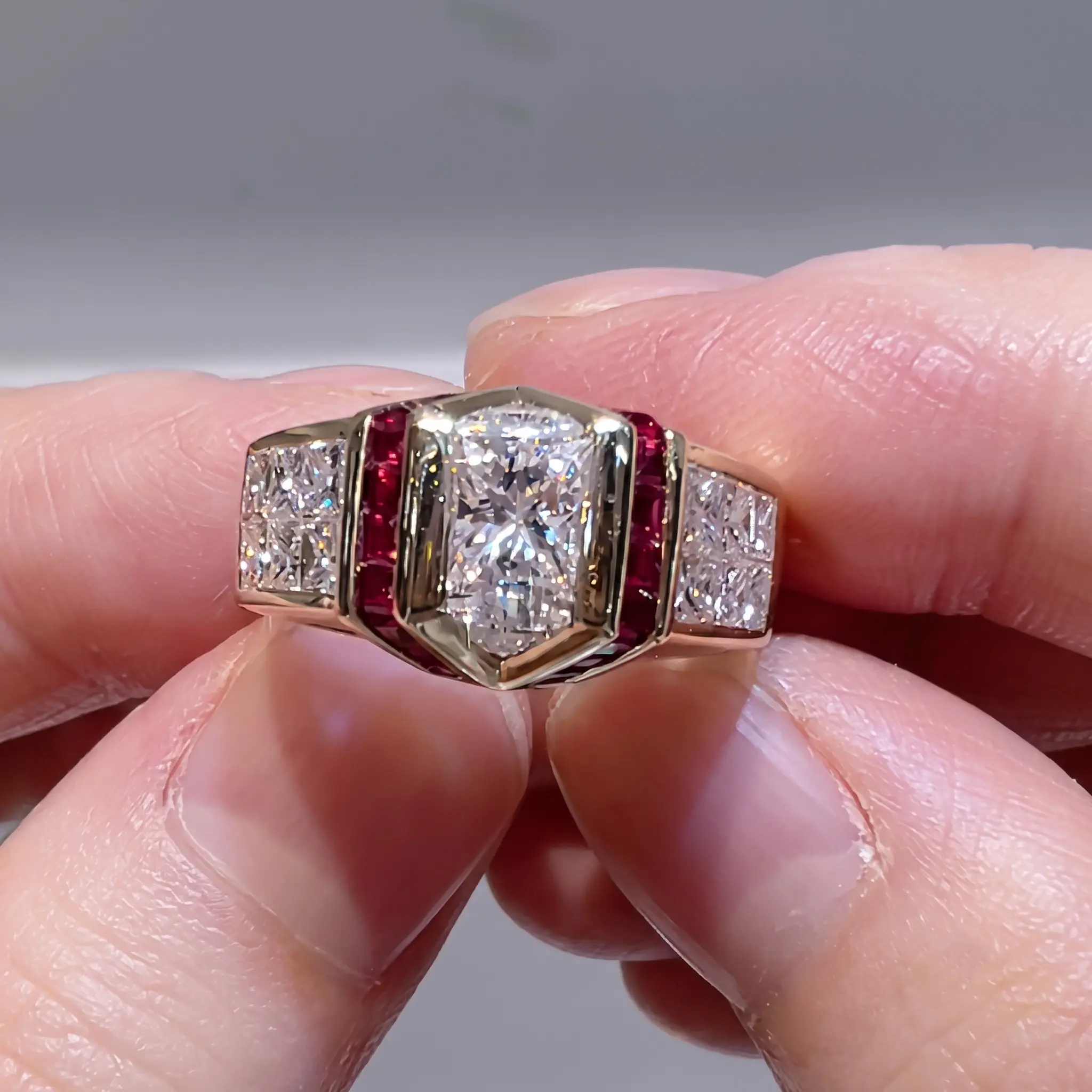 Jzora Men's Vintage Ring - Artificial Gems, Radiant Cut Center Stone, Red Accent Stones, Bold Male Wear Jewelry, Anniversary Gift Ring