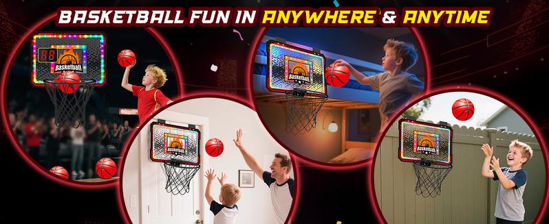 VATOS Basketball Hoop Indoor for Kids, Light up Basketball Hoops with 6 Color LED Lighting, Remote Controller, Scoreboard & 3 Balls, Over The Door Basketballs Game Toys Gifts for Kids 5-12 Boys Girls