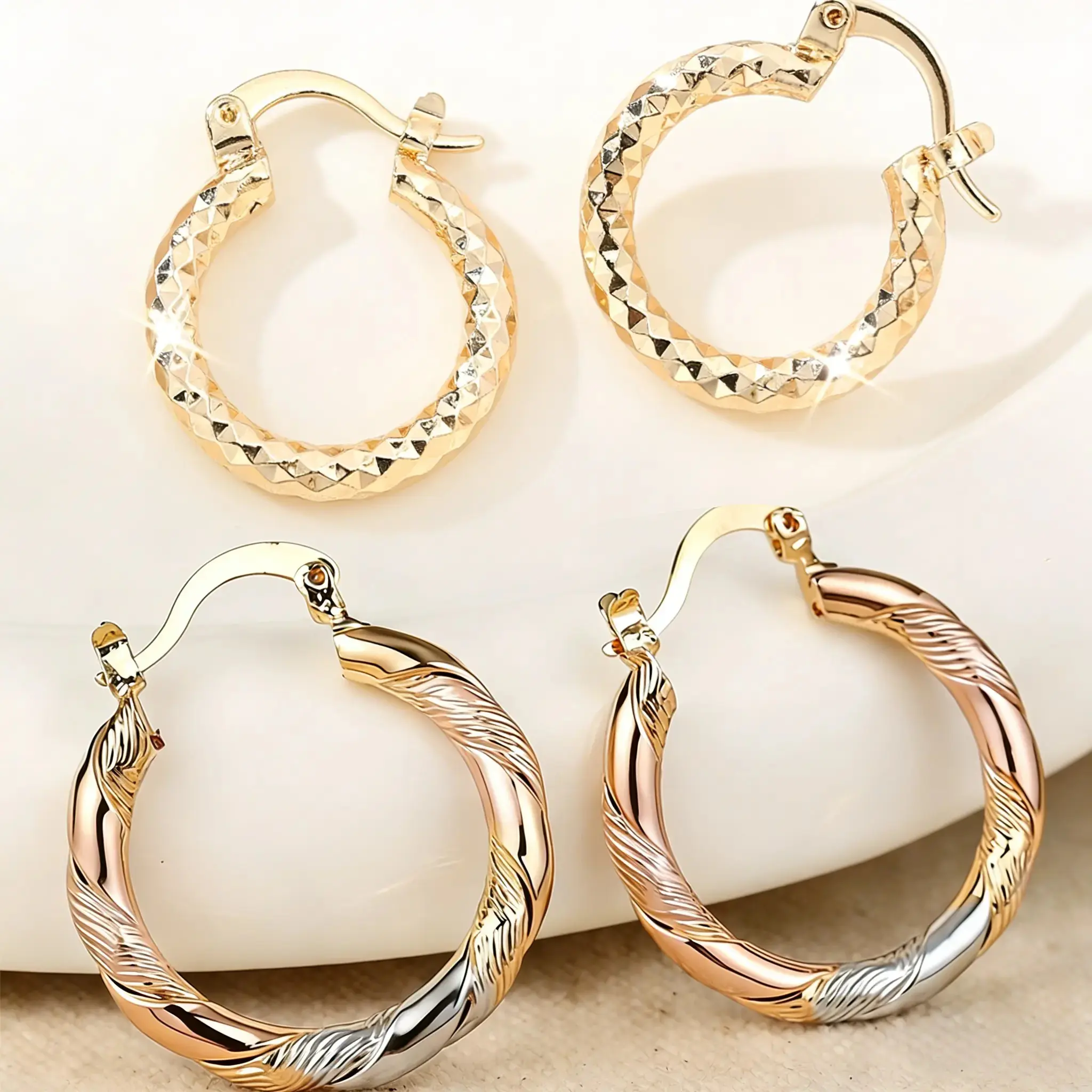 2 Pairs 14K Gold Plated Twisted Round Hoop Earrings, Minimalist Lightweight Copper Jewelry for Women & Men, Trendy Comfortable Hoops for Daily Wear, Wedding Party Summer Occasions and Birthday Gift