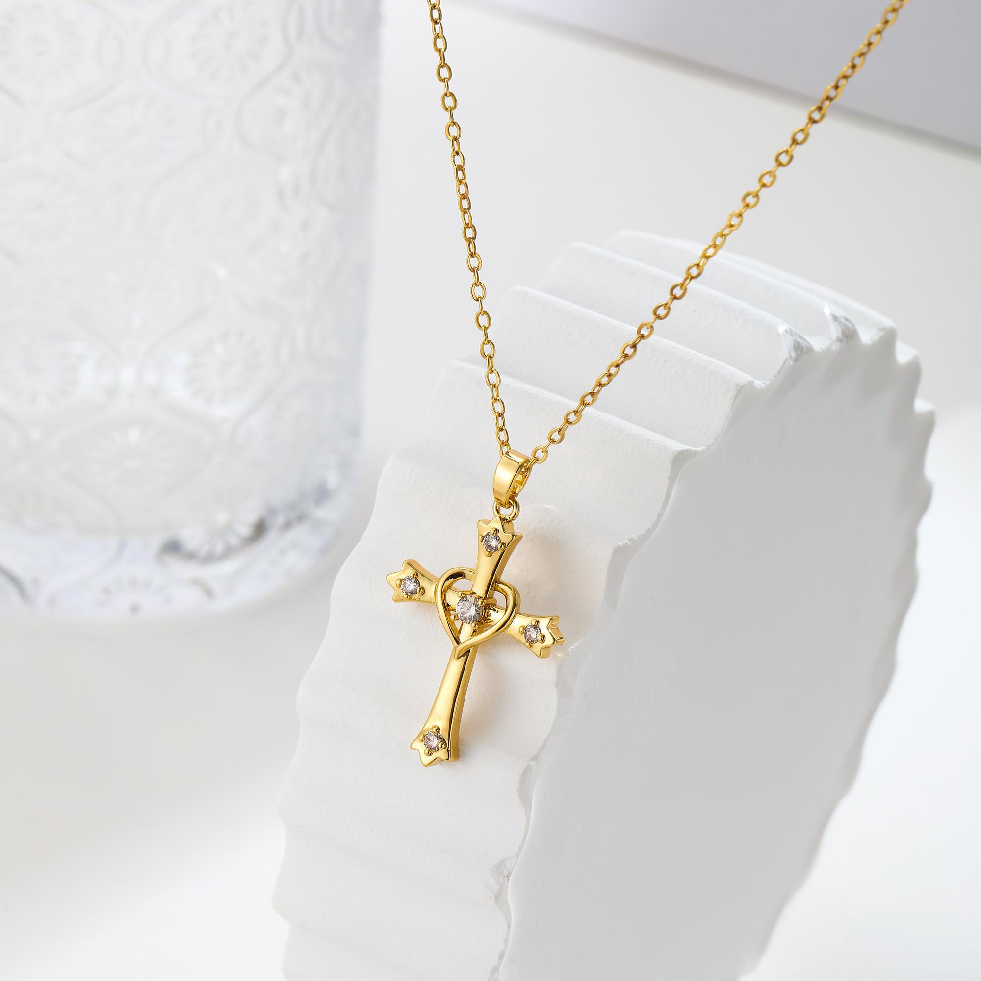 CAROVO Cross Necklace for Women 14K Gold Plated Dainty Heart Cross Pendant Choker Simple Trendy Cute Cross Charm Diamond Necklace Faith Jewelry Religious Minimalist Gift
