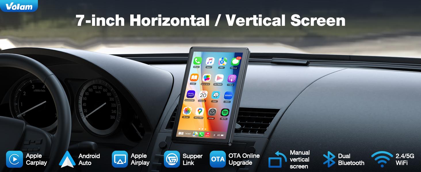 【SpringGlowUp】VOLAM 7-inch Wirelesss CarPlay Screen,supports landscape and portrait display compatible with carplay/Android Auto,supports AUX/Bluetooth/speaker output,suitable for upgrading older car models,in-car audio playback travel navigation