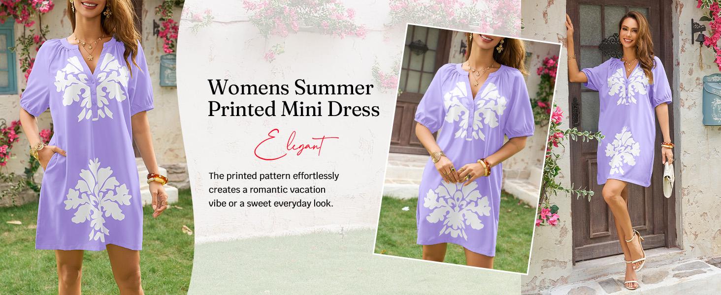 Wenrine Women's Puff Short Sleeve Mini Dress Summer Floral Print Button V Neck Loose Casual Shift Dresses with Pockets Wenrine Women's Puff Short Sleeve Mini Dress Summer Floral Print Button V Neck Loose Casual Shift Dresses with Pockets