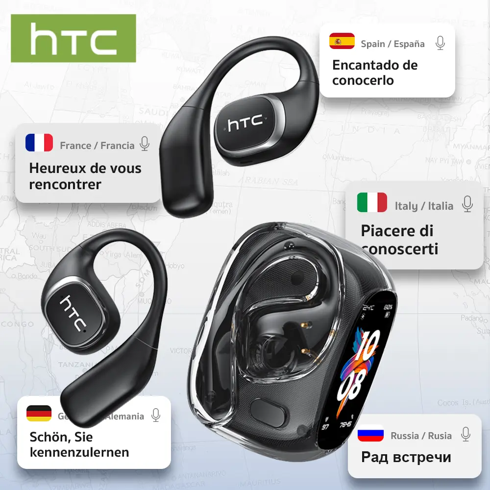 HTC NE11 Chargeable Wireless Earbuds - Electronic Audio Headphone with Real-Time 134-Language Translation, Companion App & Charging Base for Travel, Business Meetings, Real-Time Translation Smart Earphones & Headphones, Multi-Language Voice Activation Sma
