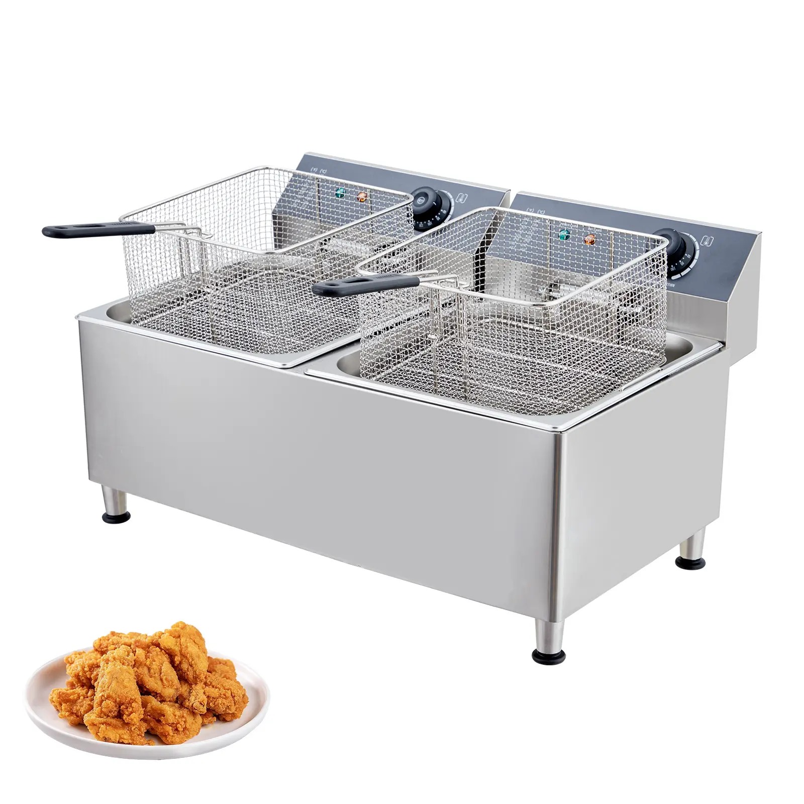 Commercial Stainless Steel Countertop Deep Fryer with Basket and Lid, Adjustable Feet, Heavy Duty Electric Fryer for Home and Restaurant