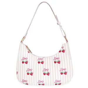 Small Pink Crescent Shoulder Bag Underarm Purse with Cherry Strawberry Leopard Ballet Prints