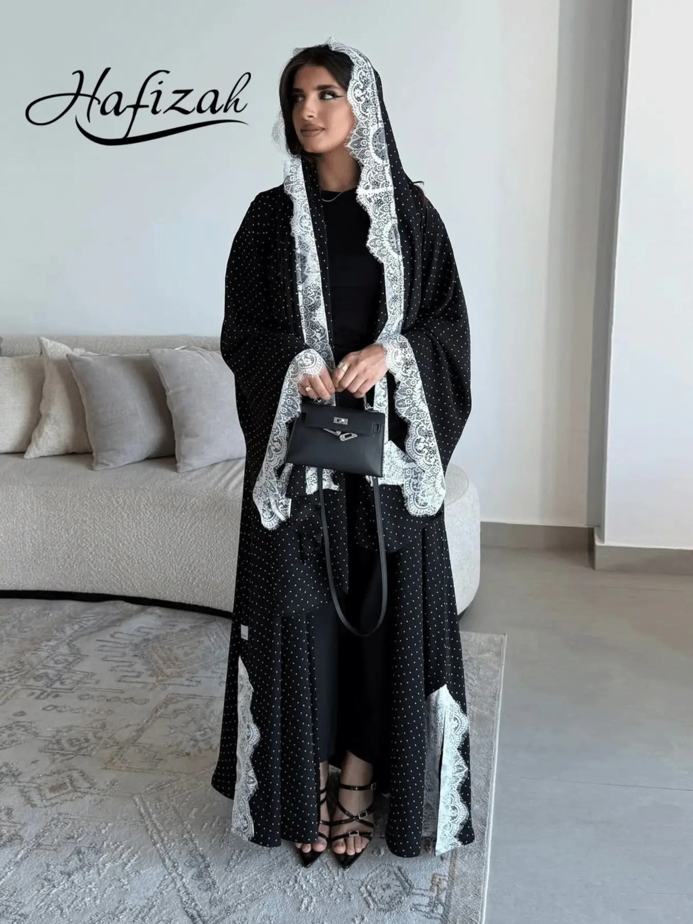 Hafizah Women's Islamic Abaya Dress with Headscarf, Sweet Lace Trim Polka Dot Print, Loose-Fitting Long Robe for All Seasons